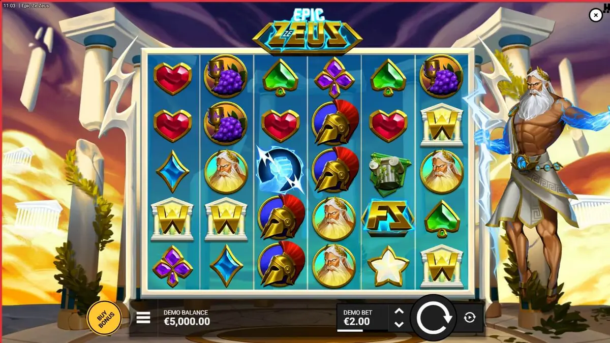 Tela de jogo do slot Epic Ze Zeus com temática de mitologia grega e raios
