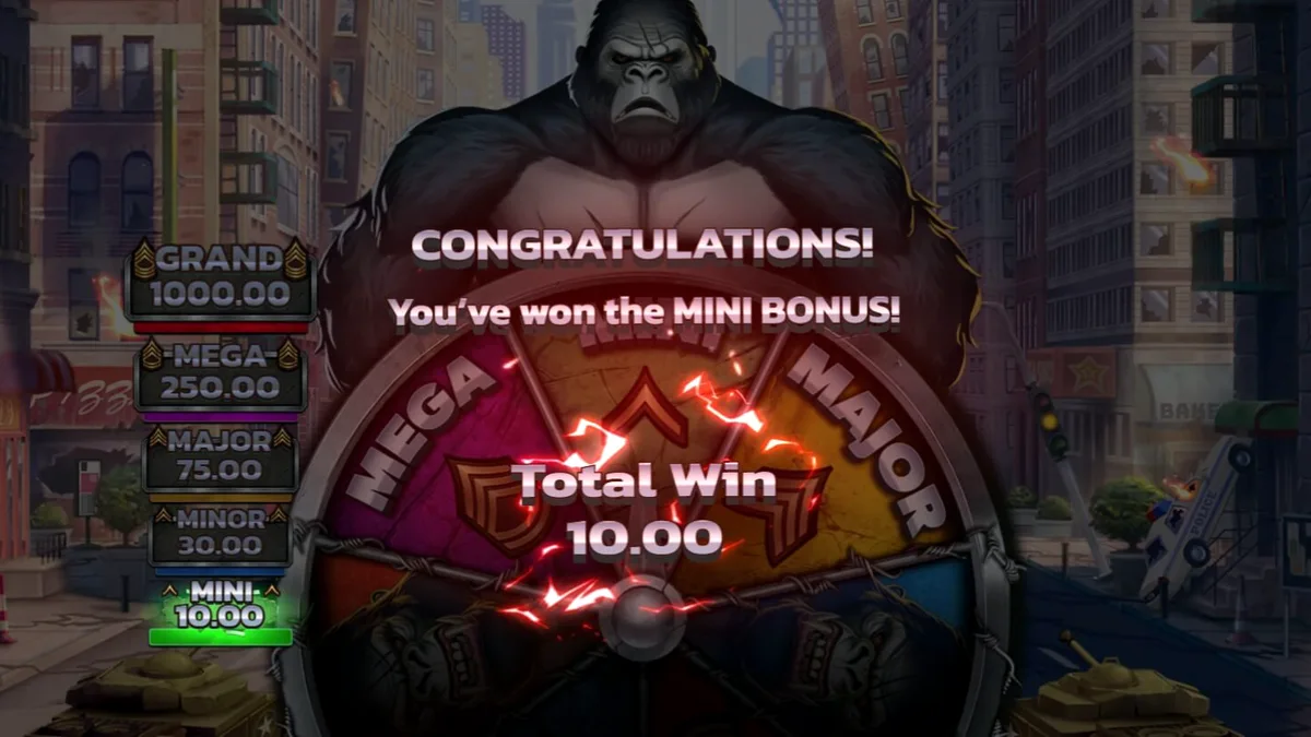 O gorila colossal de Primal Rampage esmagando os rolos em uma selva antiga.