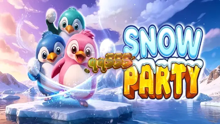 Personagens pinguins e criaturas marinhas em um cenário ártico colorido do jogo Snow Party